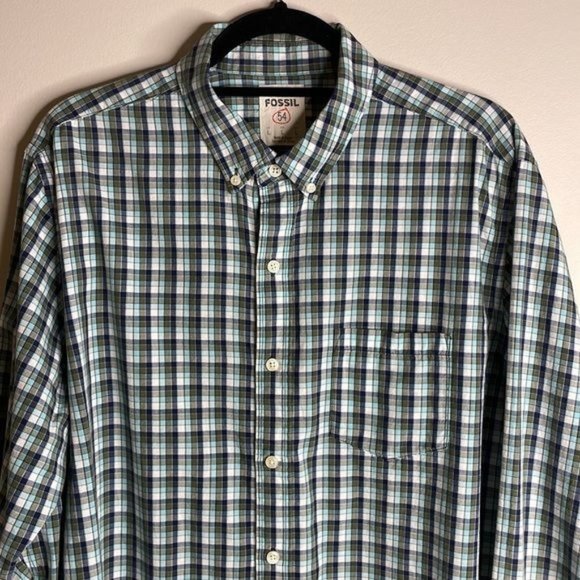 Fossil 54 Size L Aqua Charcoal White Plaid Lightweight Casual Button Down - Picture 2 of 7